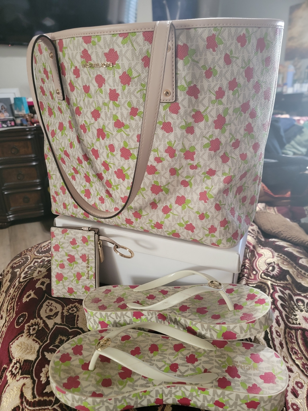Michael Kors Pink and Cream Floral Tote with Matching Flip Flops and Card Holder